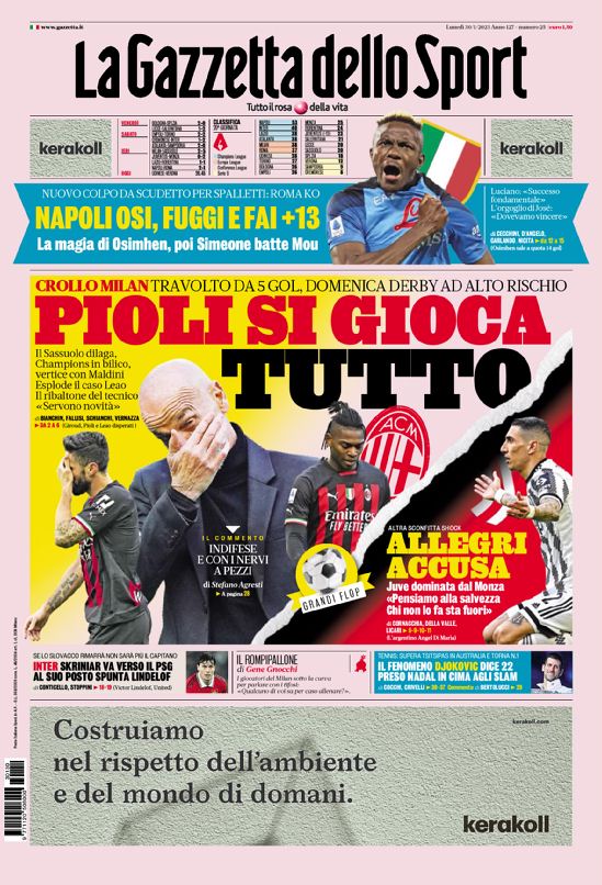 La Prima Pagina Della Gazzetta Dello Sport Del 09/12/2023