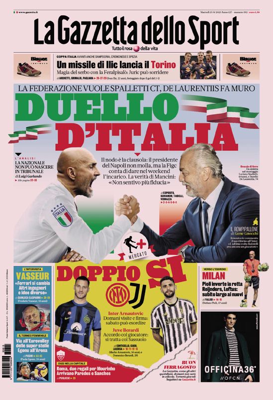 La Prima Pagina Della Gazzetta Dello Sport Del 13/09/2023