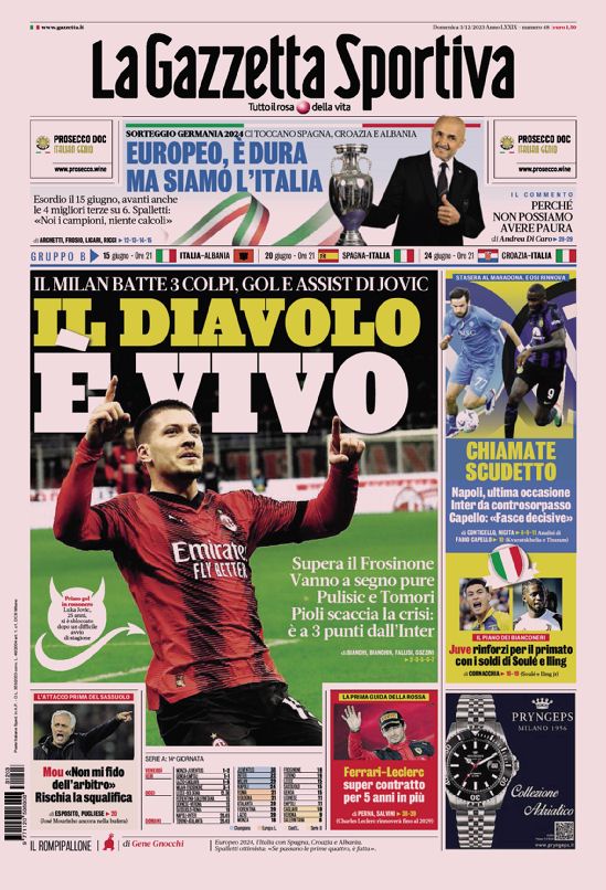 La Prima Pagina Della Gazzetta Dello Sport Del 09/12/2023